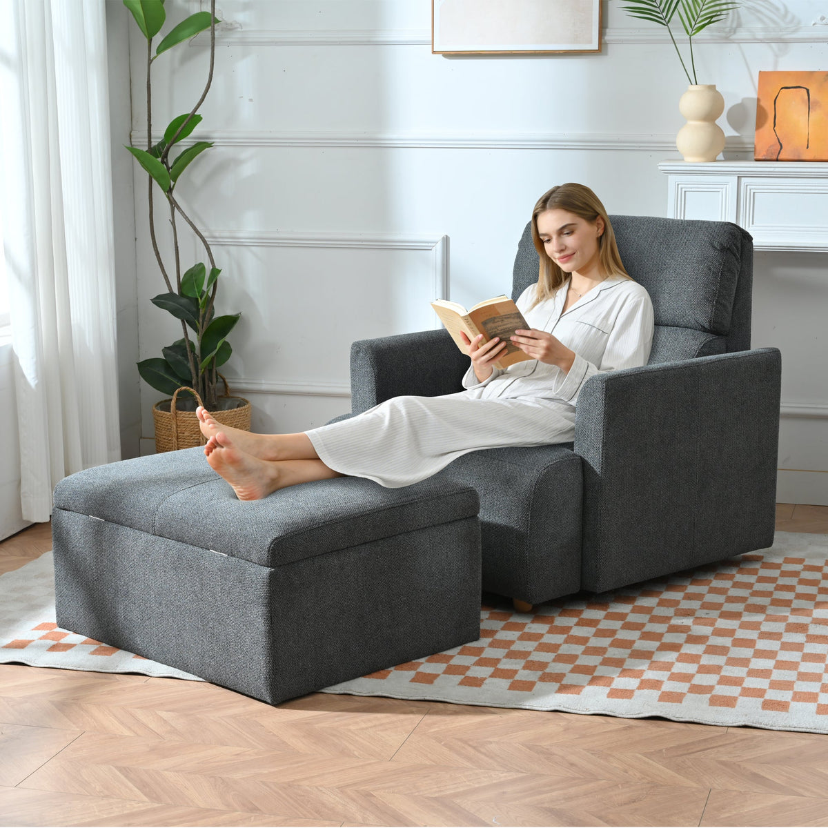 Oversized Accent Chair with Storage Ottoman, Dark Gray Velvet