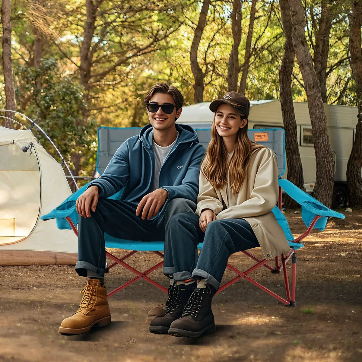 Oversized Camping Chair Folding Loveseat Camping Couch with Cup Holders & Thick Padding by DirectDeals