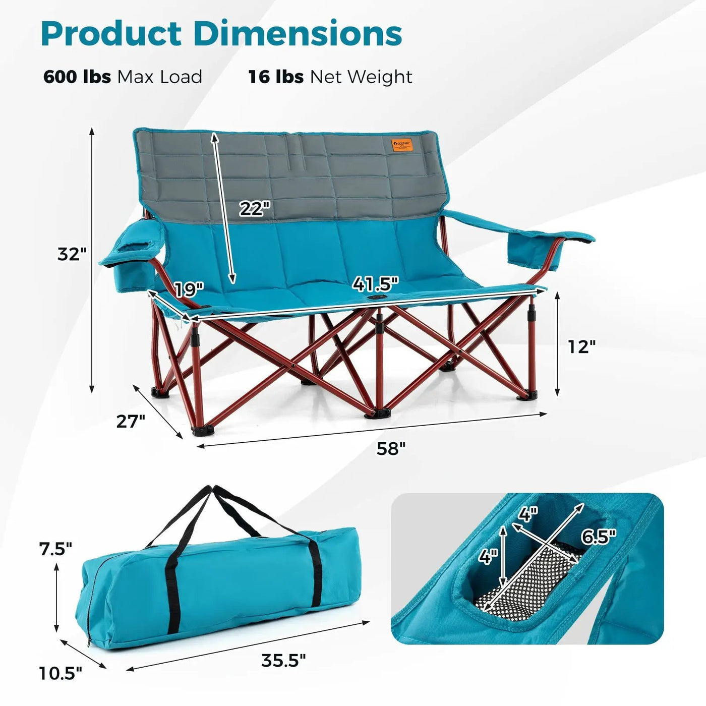 Oversized Camping Chair Folding Loveseat Camping Couch with Cup Holders & Thick Padding by DirectDeals