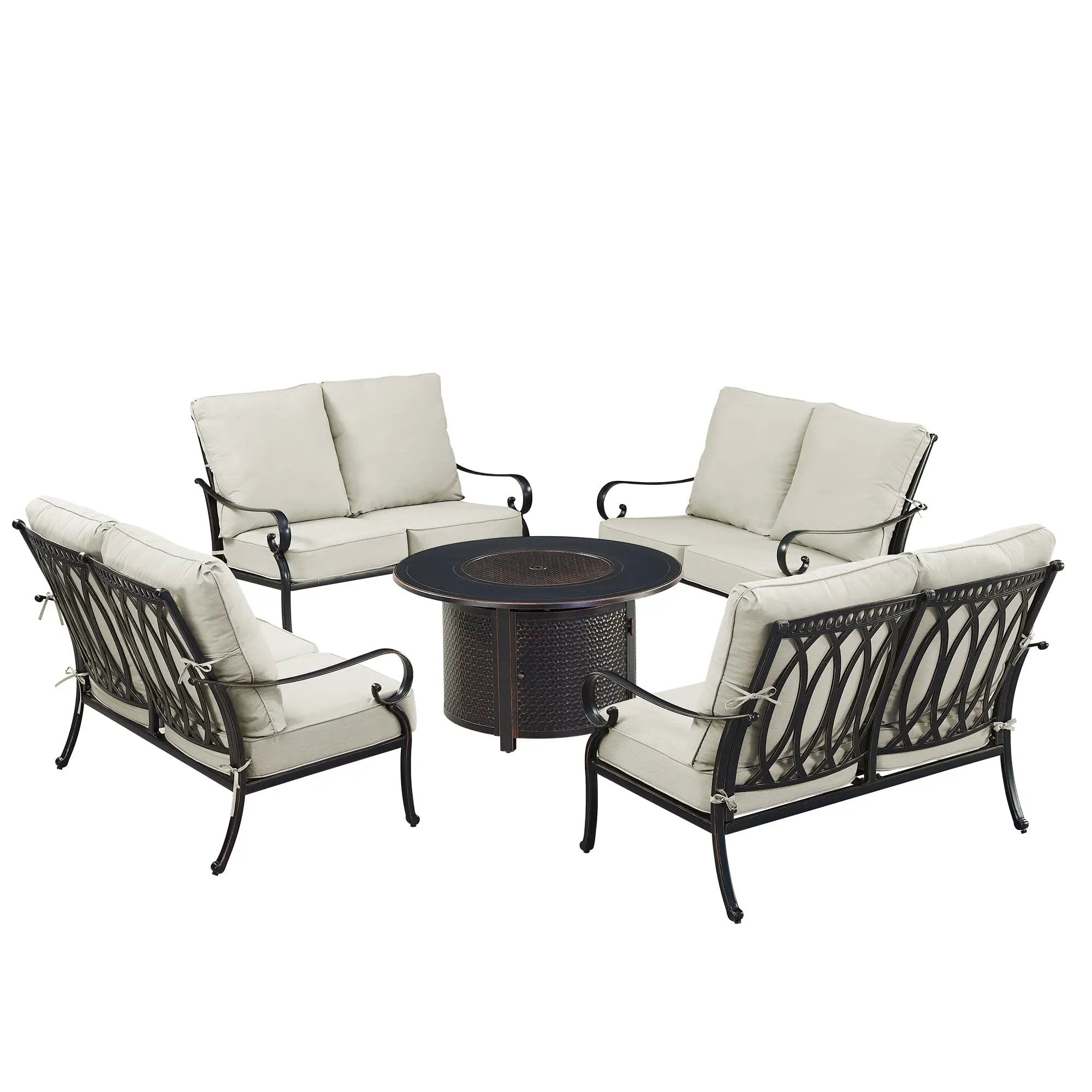 Black Aluminum Fire Table Set with Four Deep Seating Loveseats by Sharicks