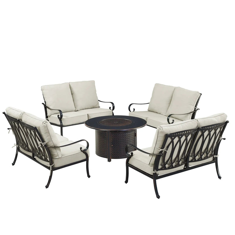 Black Aluminum Fire Table Set with Four Deep Seating Loveseats by Sharicks