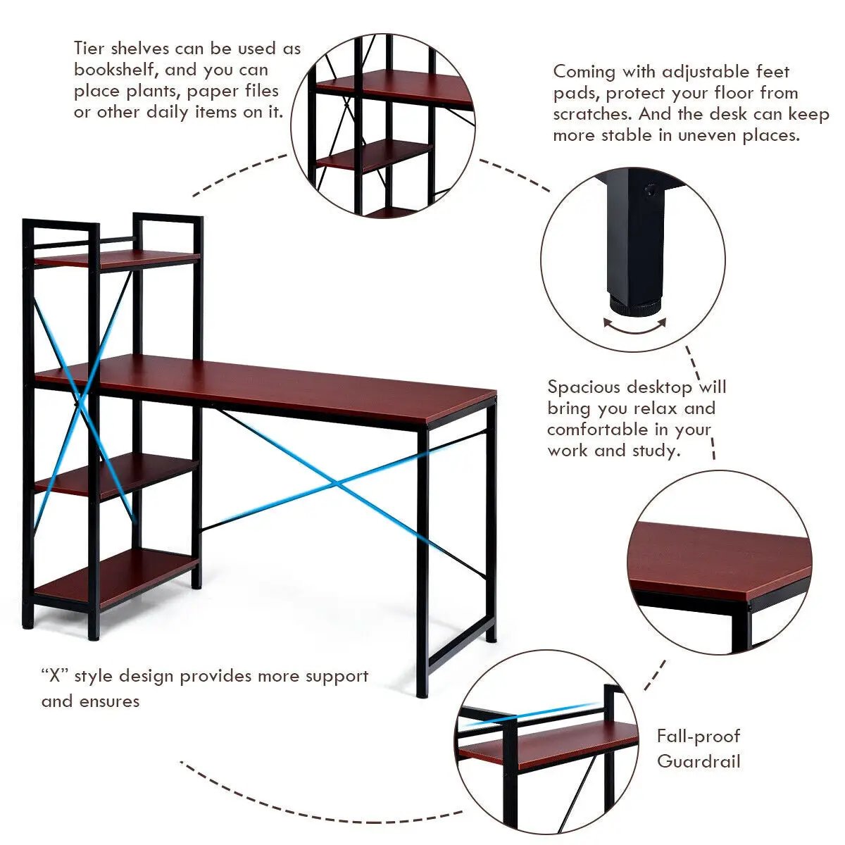 47.5 Inch Writing Study Computer Desk with 4-Tier Shelves by DirectDeals