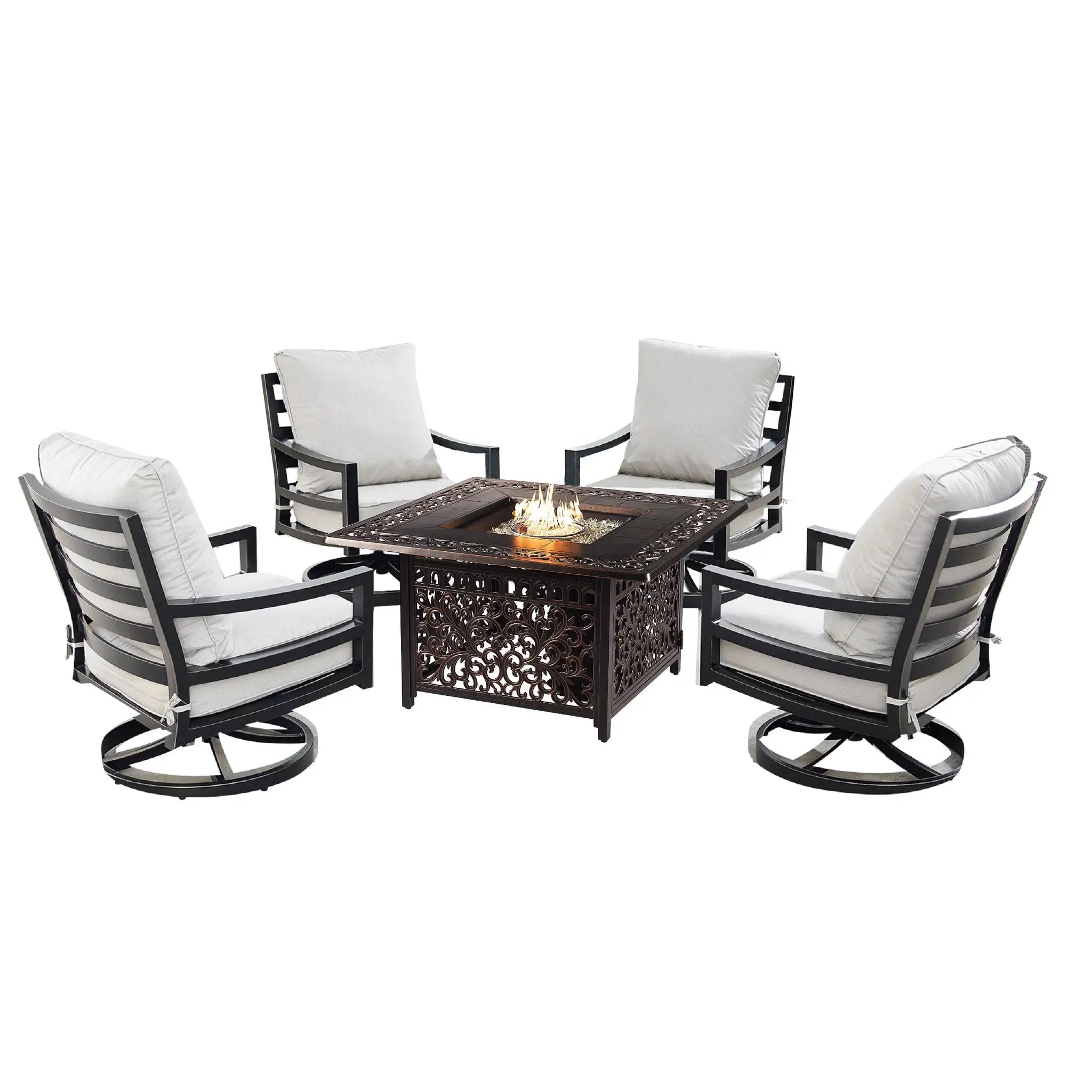 Aluminum 42-in Square Patio Fire Table Set with Swivel Rocking Chairs by Sharicks