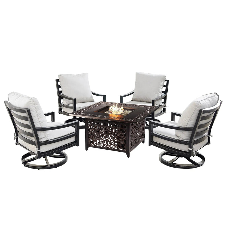 Aluminum 42-in Square Patio Fire Table Set with Swivel Rocking Chairs by Sharicks