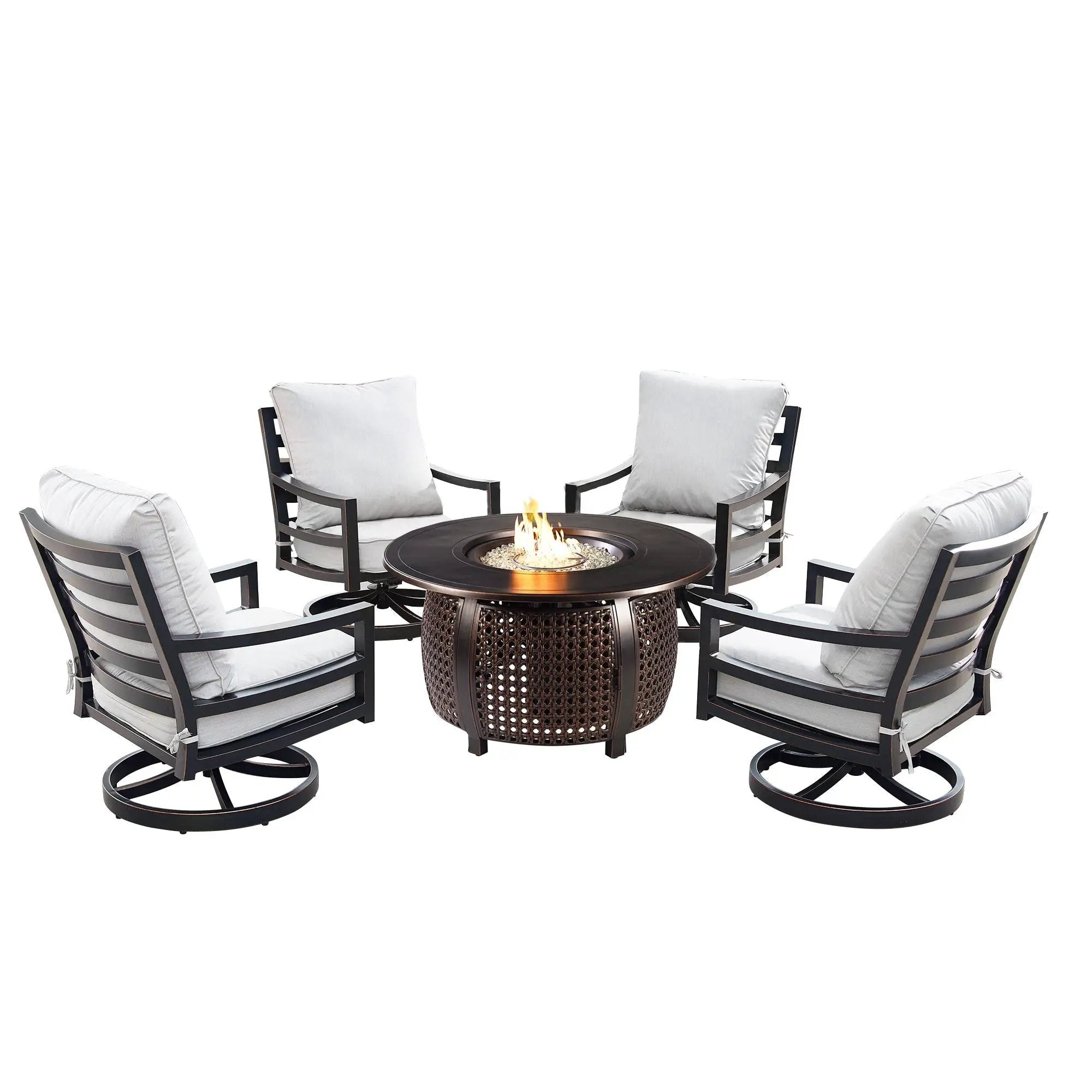 Aluminum 44-in Round Patio Fire Table Set with Swivel Rocking Chairs by Sharicks