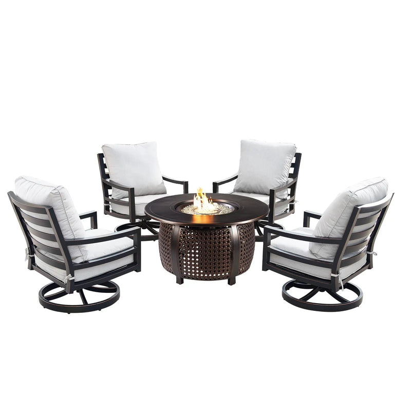 Aluminum 44-in Round Patio Fire Table Set with Swivel Rocking Chairs by Sharicks