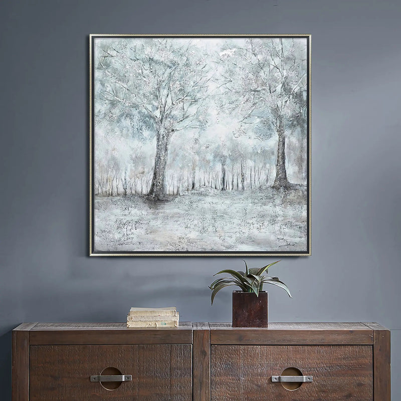 Hand Painted Acrylic Wall Art Snowy Forrest on a 39 x 39 Square Canvas with a Silver Wooden Frame by Sharicks