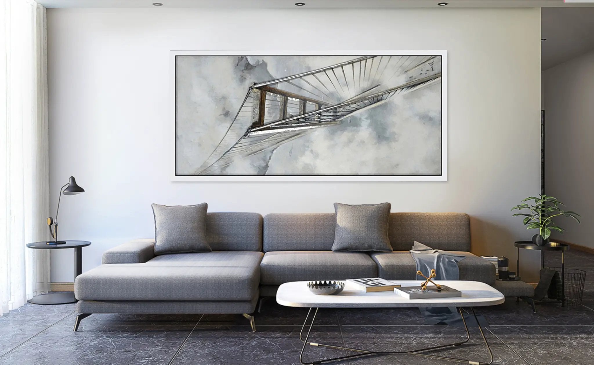 Hand Painted Acrylic Wall Art Golden Gate Bridge 32 x 71 Rectangular Canvas with a White Wooden Frame by Sharicks