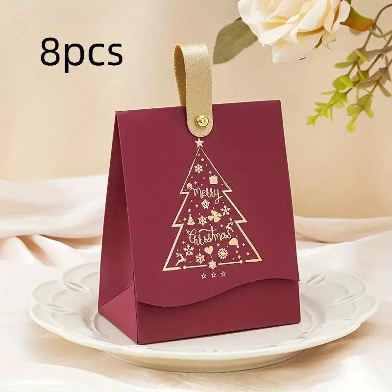 Paper Gift Bags with Leather Handles, Red & Green Foil Tree Design by House Of Avana