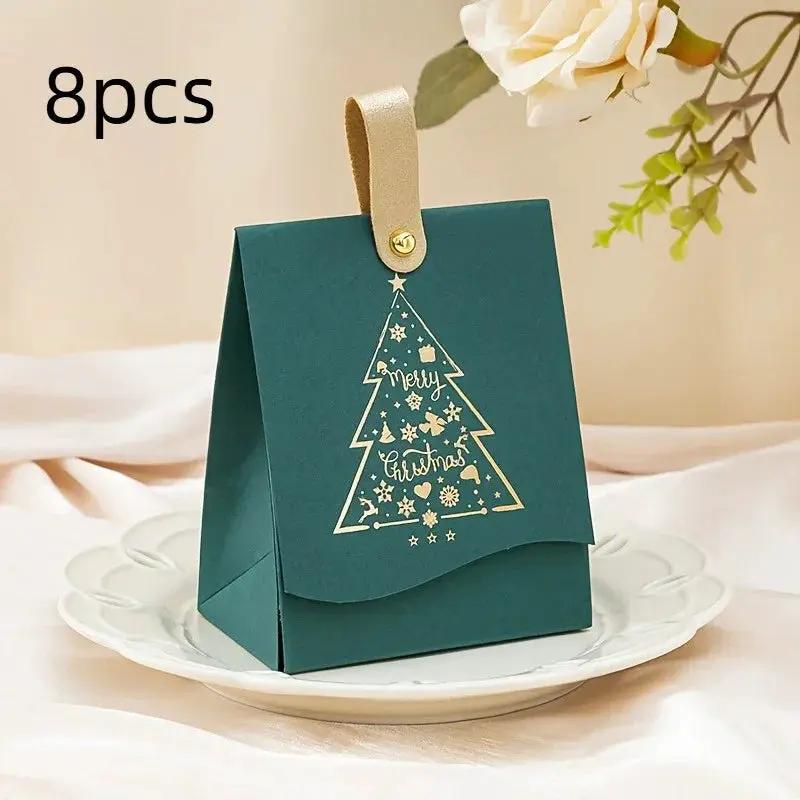 Paper Gift Bags with Leather Handles, Red & Green Foil Tree Design by House Of Avana