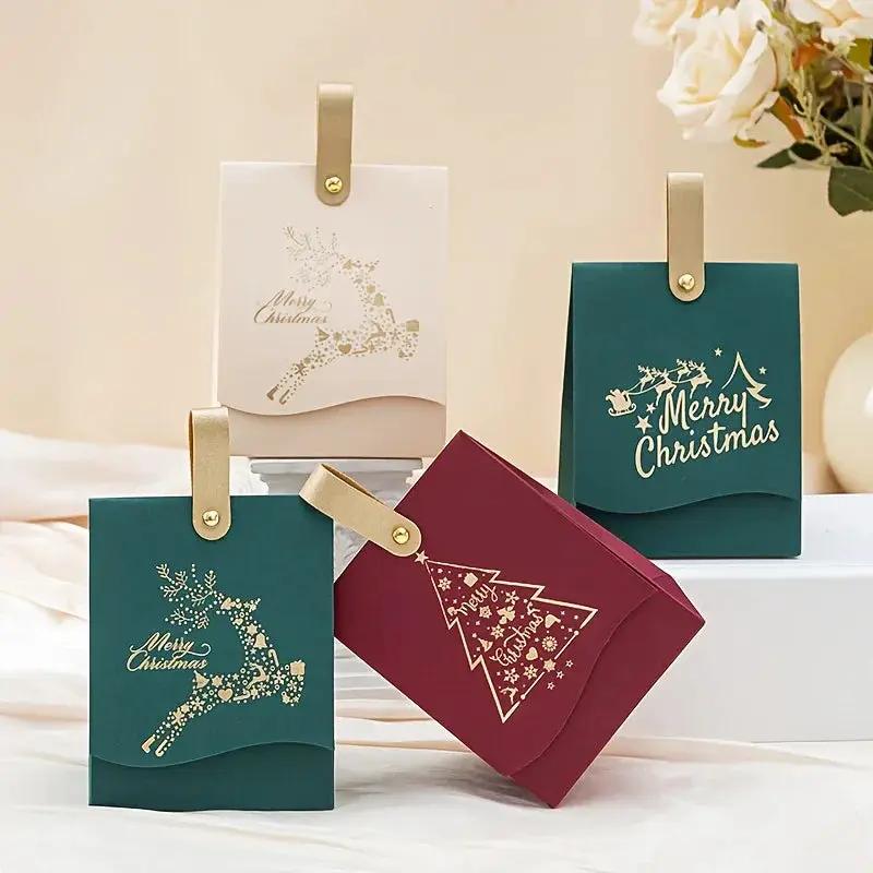 Paper Gift Bags with Leather Handles, Red & Green Foil Tree Design by House Of Avana