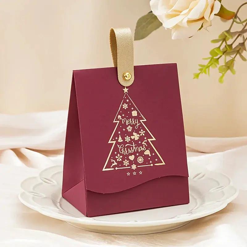 Paper Gift Bags with Leather Handles, Red & Green Foil Tree Design by House Of Avana