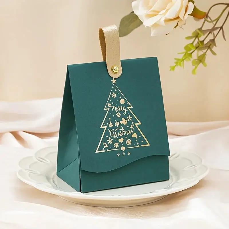 Paper Gift Bags with Leather Handles, Red & Green Foil Tree Design by House Of Avana