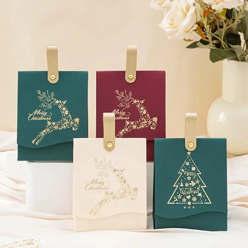 Paper Gift Bags with Leather Handles, Red & Green Foil Tree Design by House Of Avana