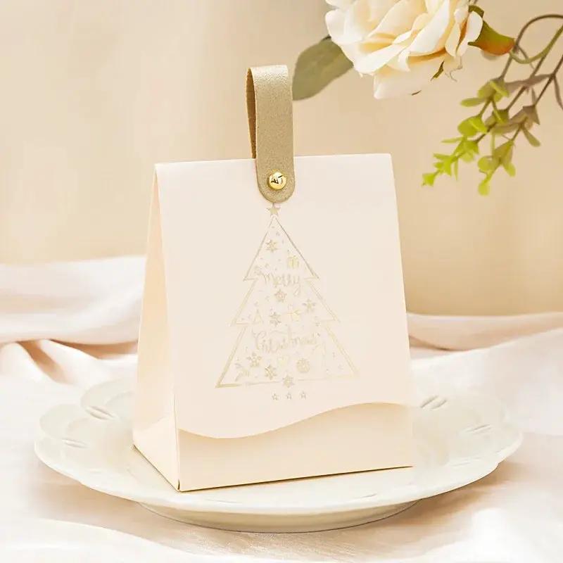 Paper Gift Bags with Leather Handles, Red & Green Foil Tree Design by House Of Avana