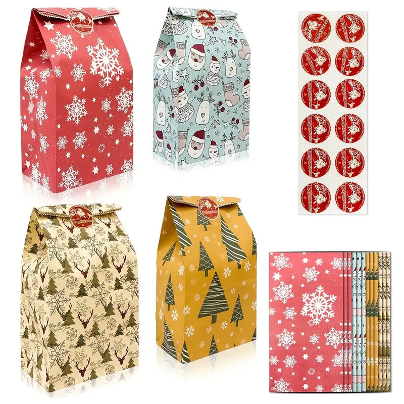 Paper Gift Bags with Red Sealing Stickers, 24pcs Set of Christmas Snowflake Designs by House Of Avana