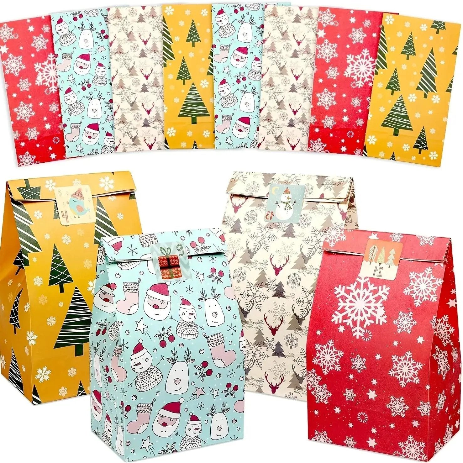 Paper Gift Bags with Red Sealing Stickers, 24pcs Set of Christmas Snowflake Designs by House Of Avana
