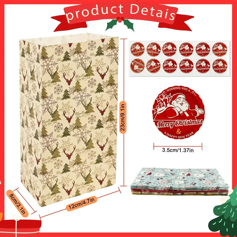 Paper Gift Bags with Red Sealing Stickers, 24pcs Set of Christmas Snowflake Designs by House Of Avana