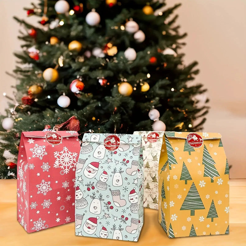 Paper Gift Bags with Red Sealing Stickers, 24pcs Set of Christmas Snowflake Designs by House Of Avana