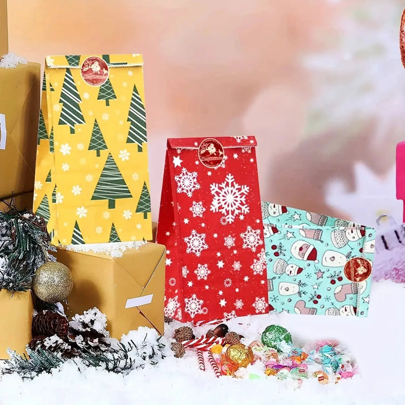 Paper Gift Bags with Red Sealing Stickers, 24pcs Set of Christmas Snowflake Designs by House Of Avana