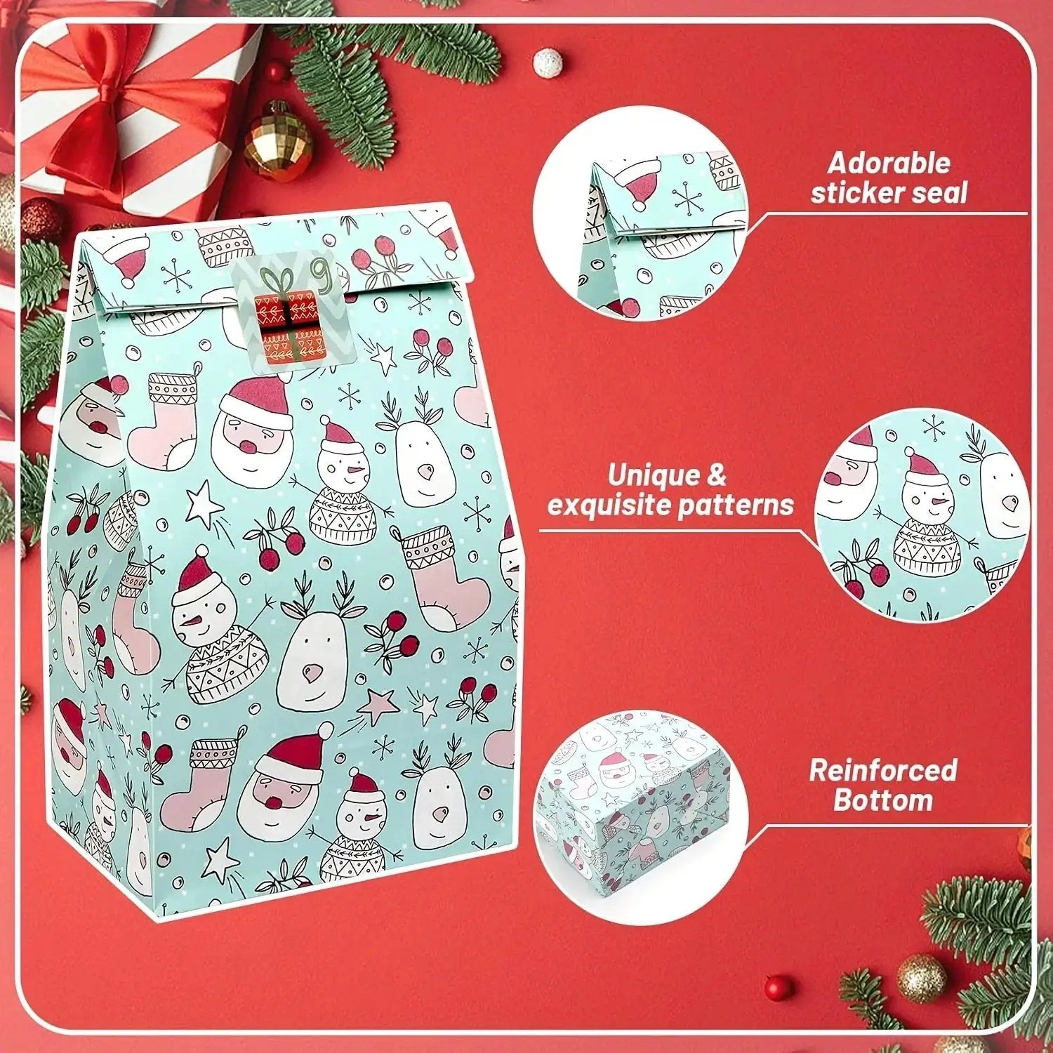 Paper Gift Bags with Red Sealing Stickers, 24pcs Set of Christmas Snowflake Designs by House Of Avana