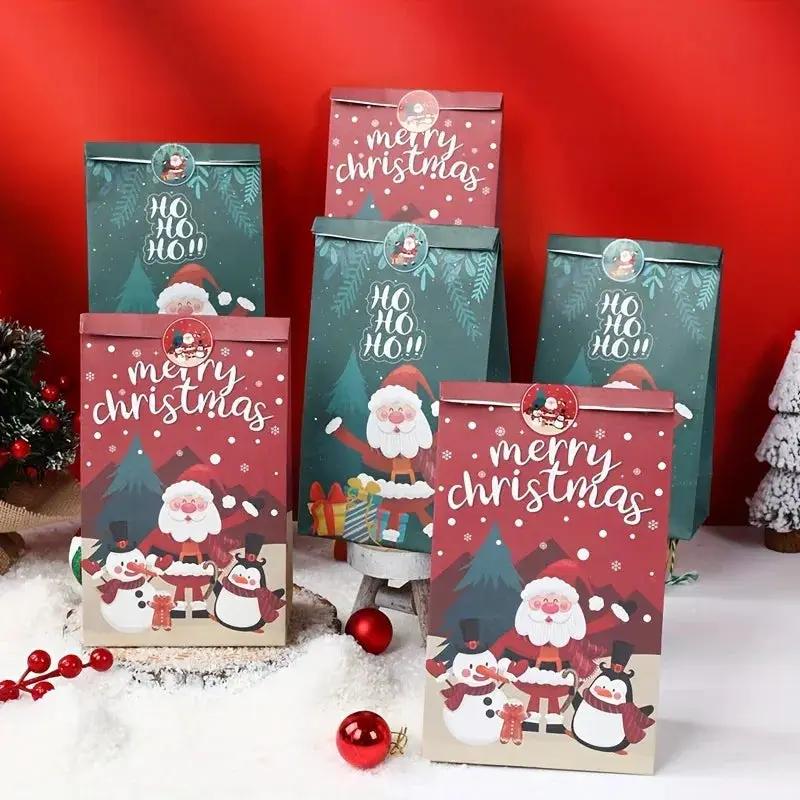 Paper Handbag with Christmas Stickers, Red Green Santa Design, 6pcs Gift Bag by House Of Avana