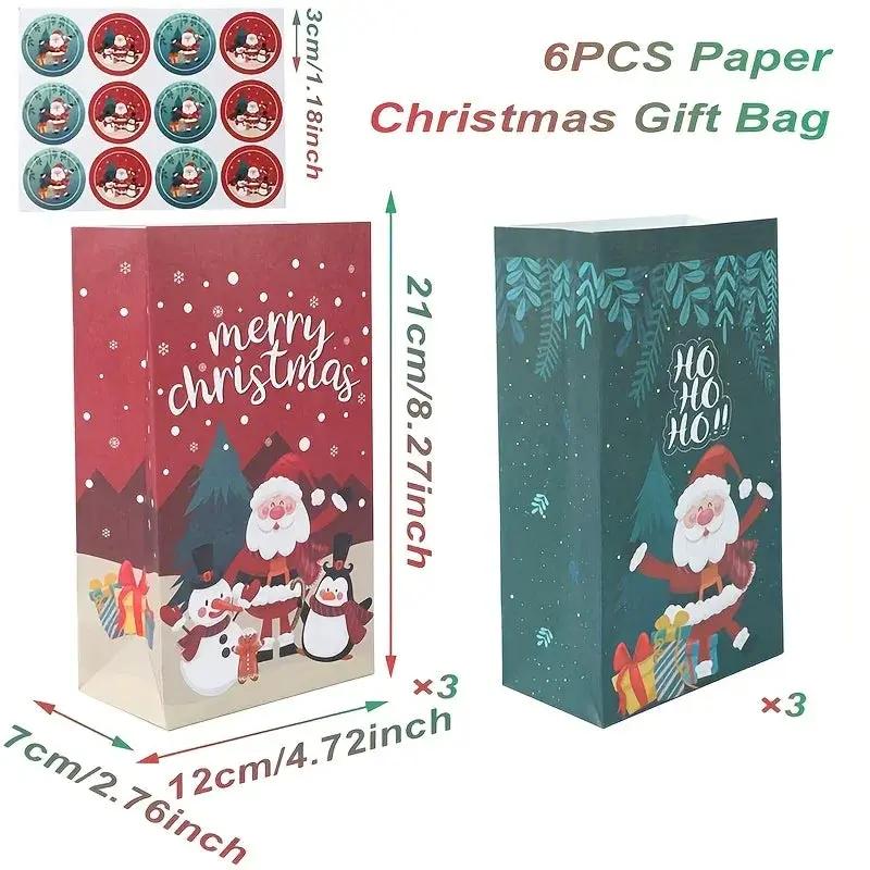 Paper Handbag with Christmas Stickers, Red Green Santa Design, 6pcs Gift Bag by House Of Avana