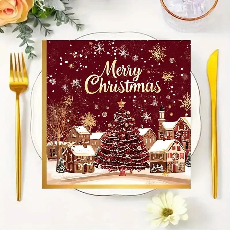 Paper Table Napkins 20-Pack Red and Golden Snowflakes Winter Design by House Of Avana