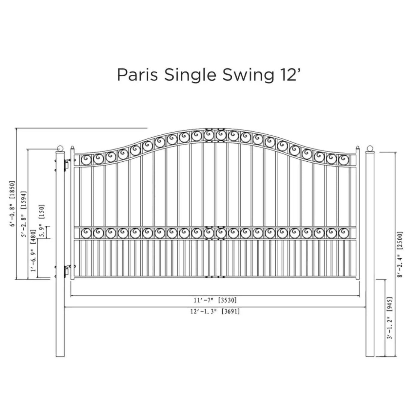 [12-18FT] Heavy-Duty Paris-Style Galvanized Steel Single-Swing Driveway Gate (SAK78643) by SAKSBY WHOLESALE