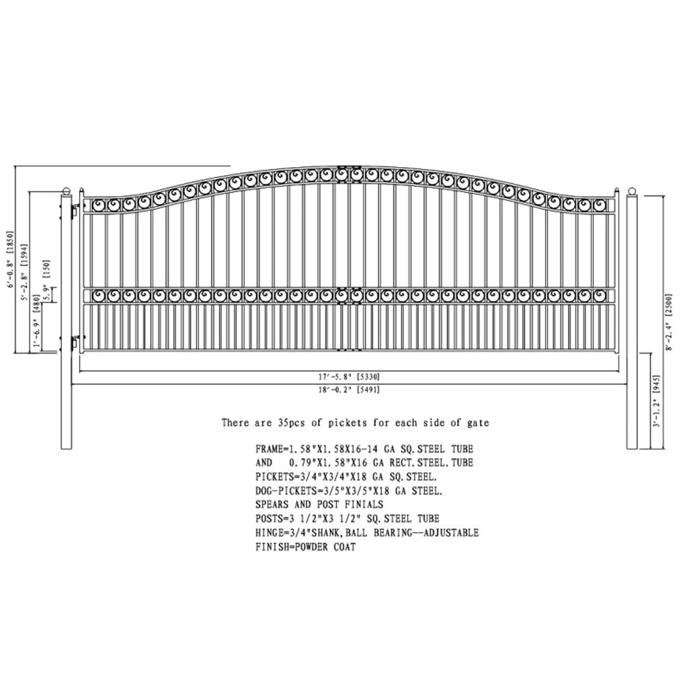 [12-18FT] Heavy-Duty Paris-Style Galvanized Steel Single-Swing Driveway Gate (SAK78643) by SAKSBY WHOLESALE