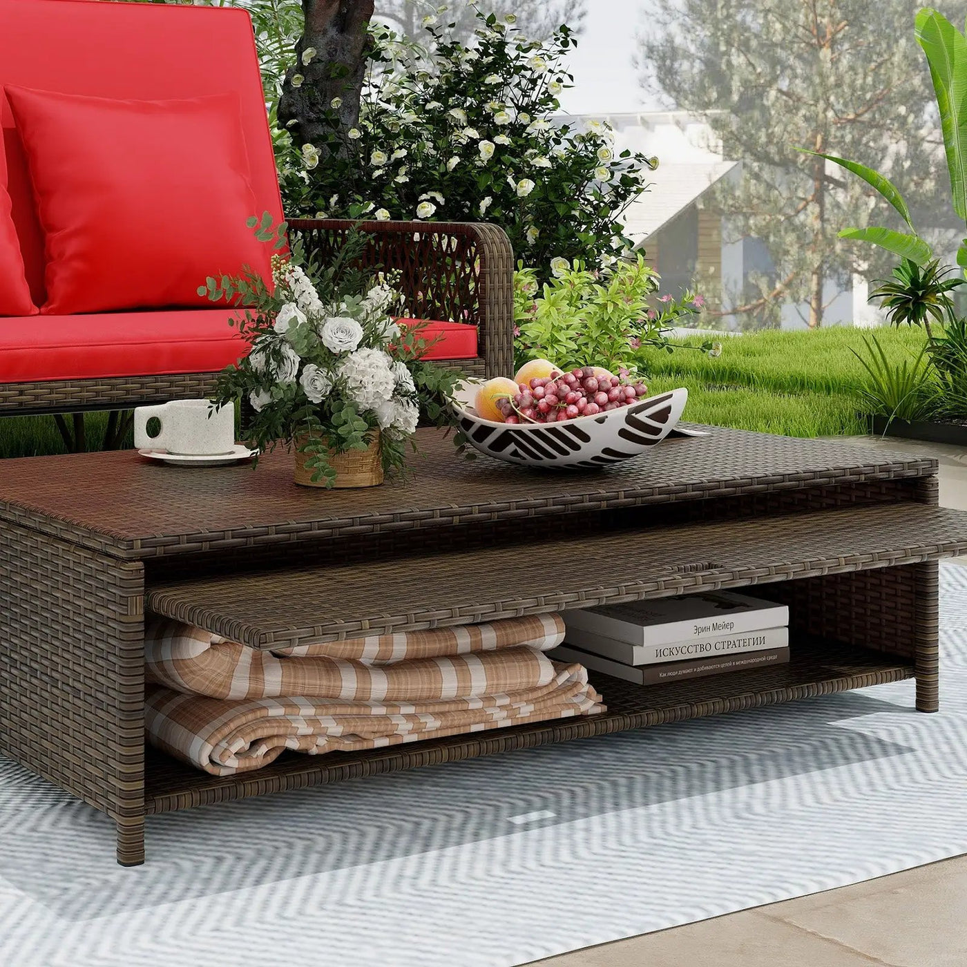 Patio Adjustable Wicker Daybed with 4-Level Backrest and Soft Cushions by DirectDeals