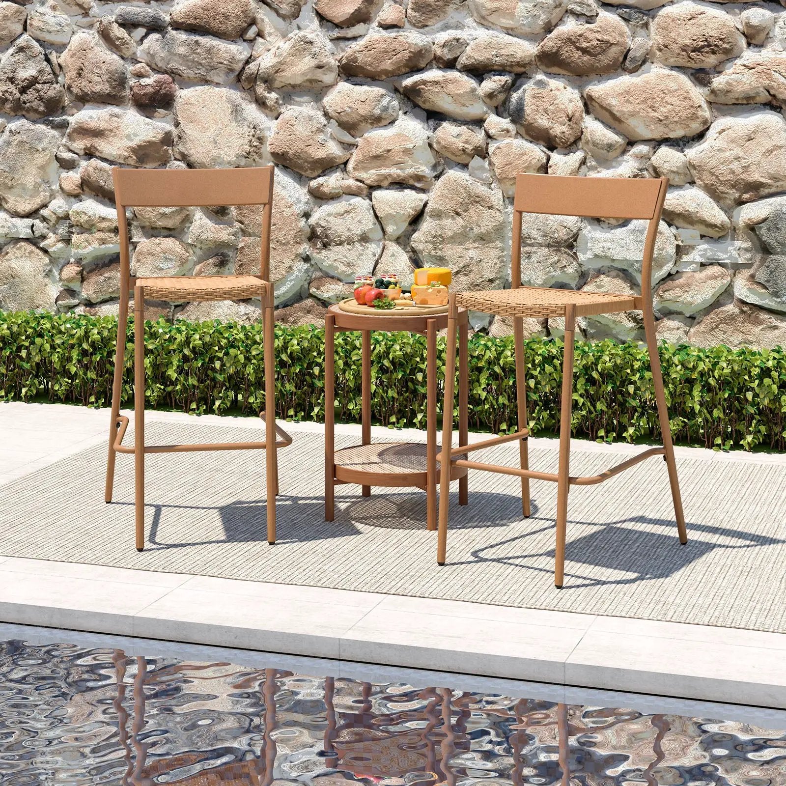 Patio Barstools Set of 2 with Rattan Seat and Metal Backrest-Light Brown by DirectDeals