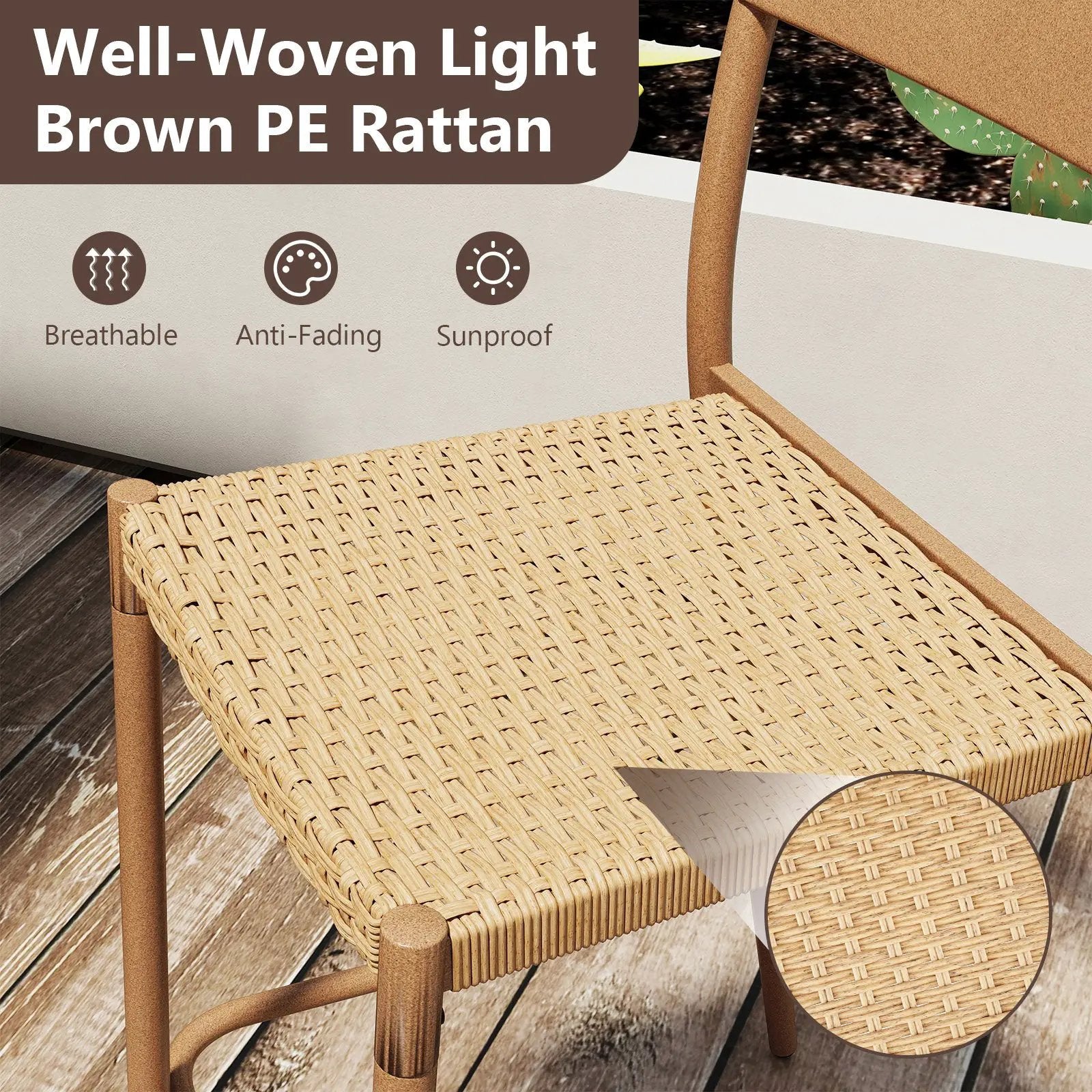 Patio Barstools Set of 2 with Rattan Seat and Metal Backrest-Light Brown by DirectDeals