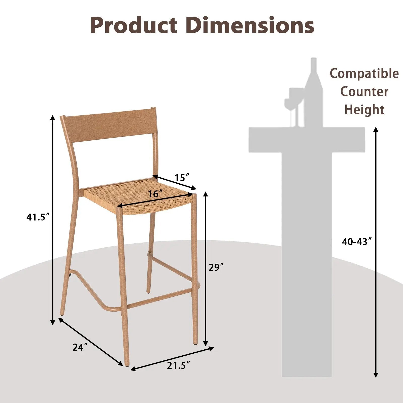 Patio Barstools Set of 2 with Rattan Seat and Metal Backrest-Light Brown by DirectDeals