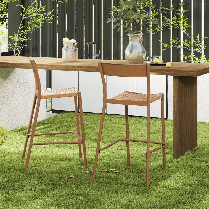 Patio Barstools Set of 4 with Rattan Seat and Metal Backrest-Light Brown by DirectDeals