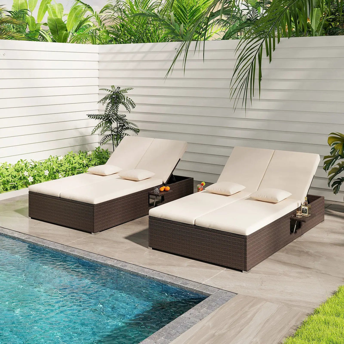 Patio Double Chaise Lounge with Cushions and Folding Side Trays by DirectDeals