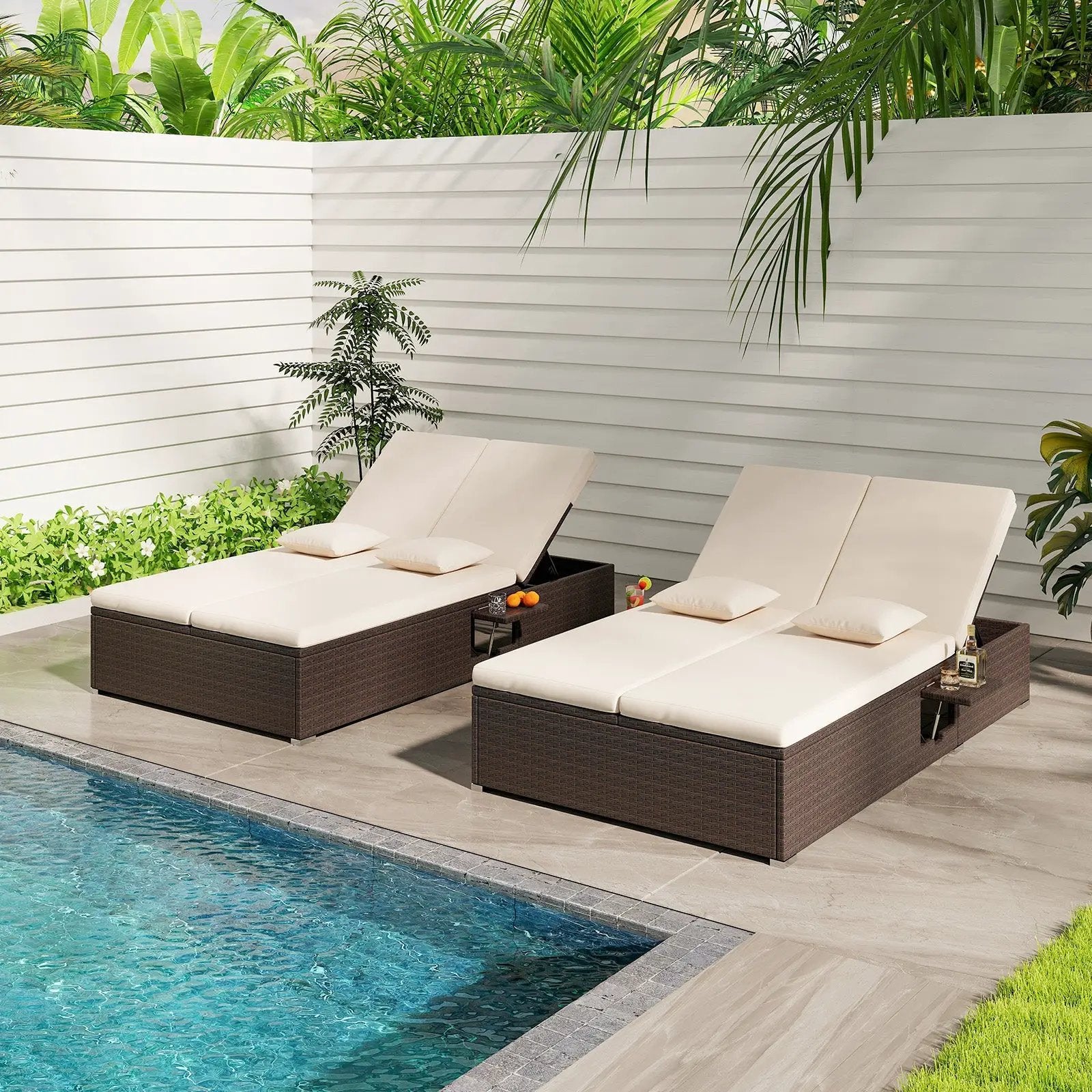 Patio Double Chaise Lounge with Cushions and Folding Side Trays by DirectDeals