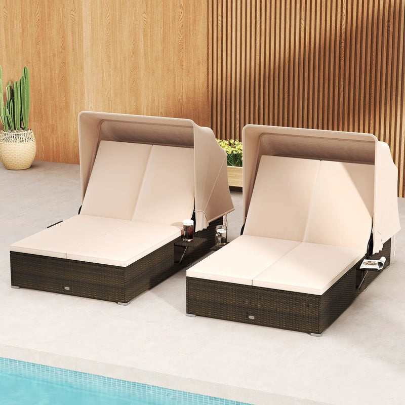 Patio Double Chaise Lounge with Shade Cushions and Folding Side Trays by DirectDeals