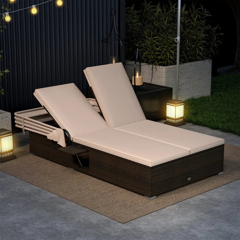 Patio Double Chaise Lounge with Shade Cushions and Folding Side Trays by DirectDeals