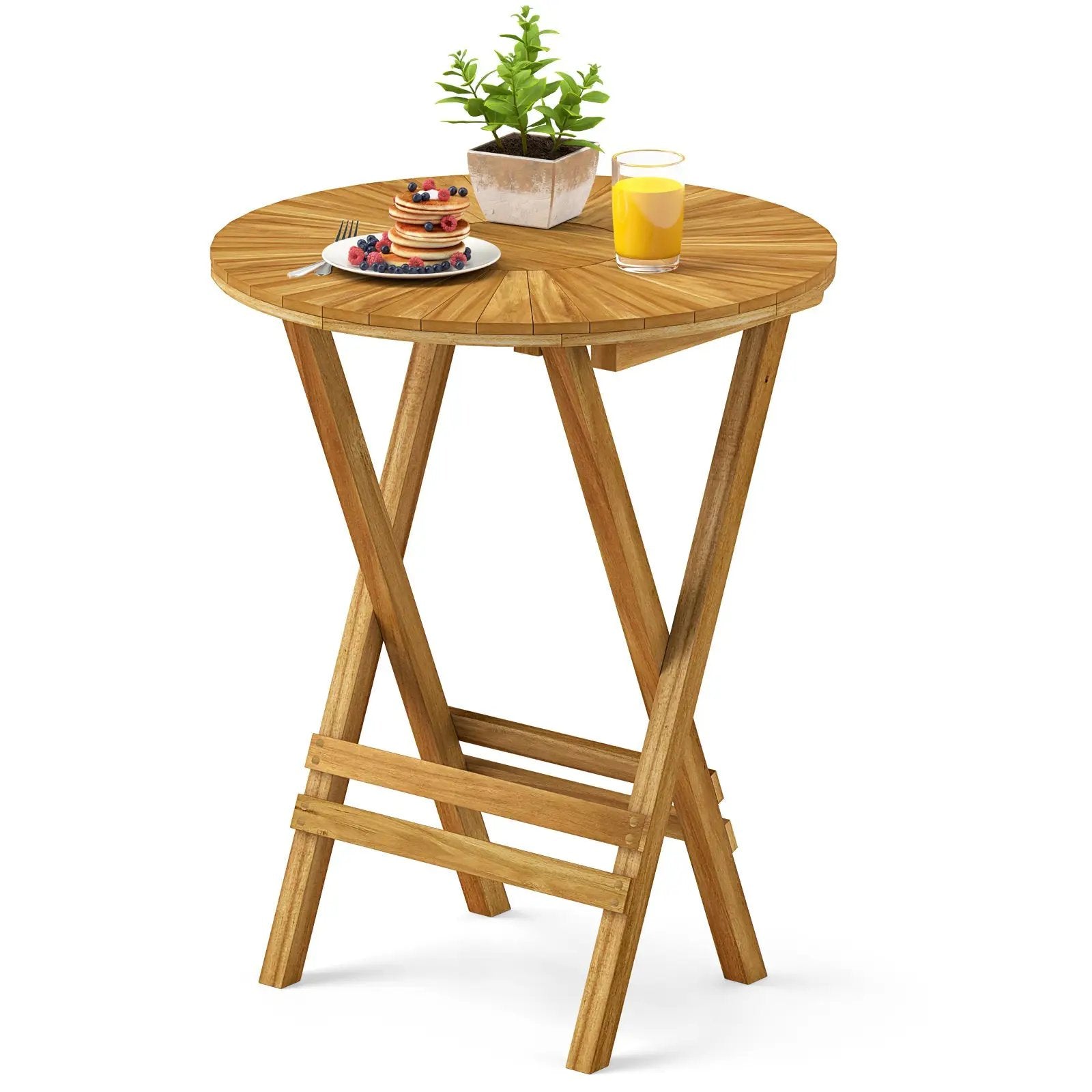 Patio Folding Side Table Teak Wood Round End Table with Slatted Tabletop and X-Shaped Frame by DirectDeals