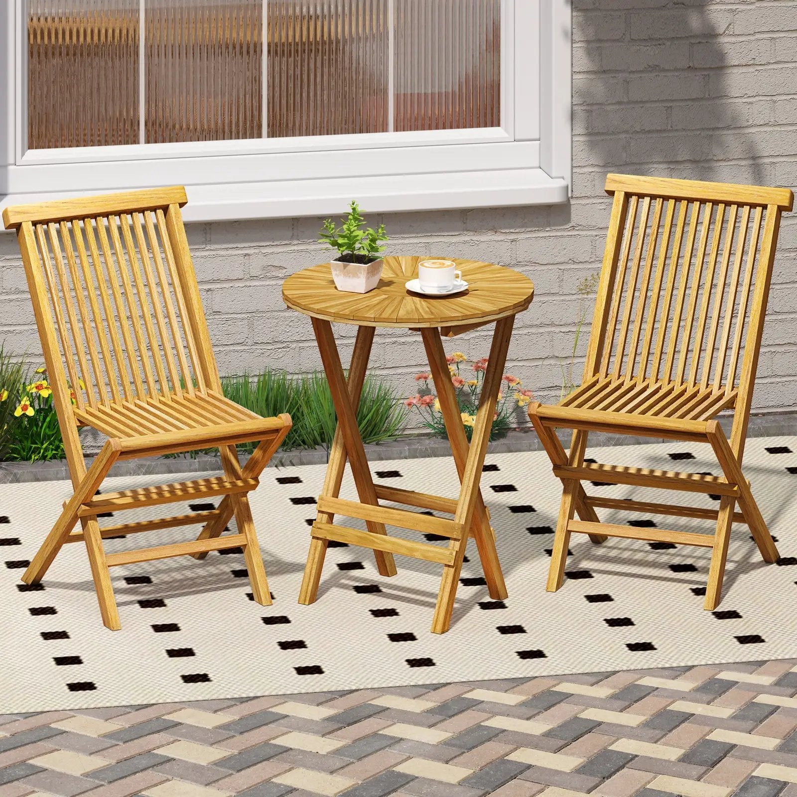 Patio Folding Side Table Teak Wood Round End Table with Slatted Tabletop and X-Shaped Frame by DirectDeals