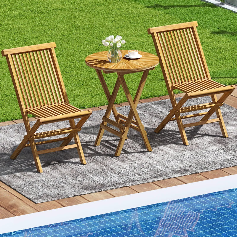 Patio Folding Side Table Teak Wood Round End Table with Slatted Tabletop and X-Shaped Frame by DirectDeals