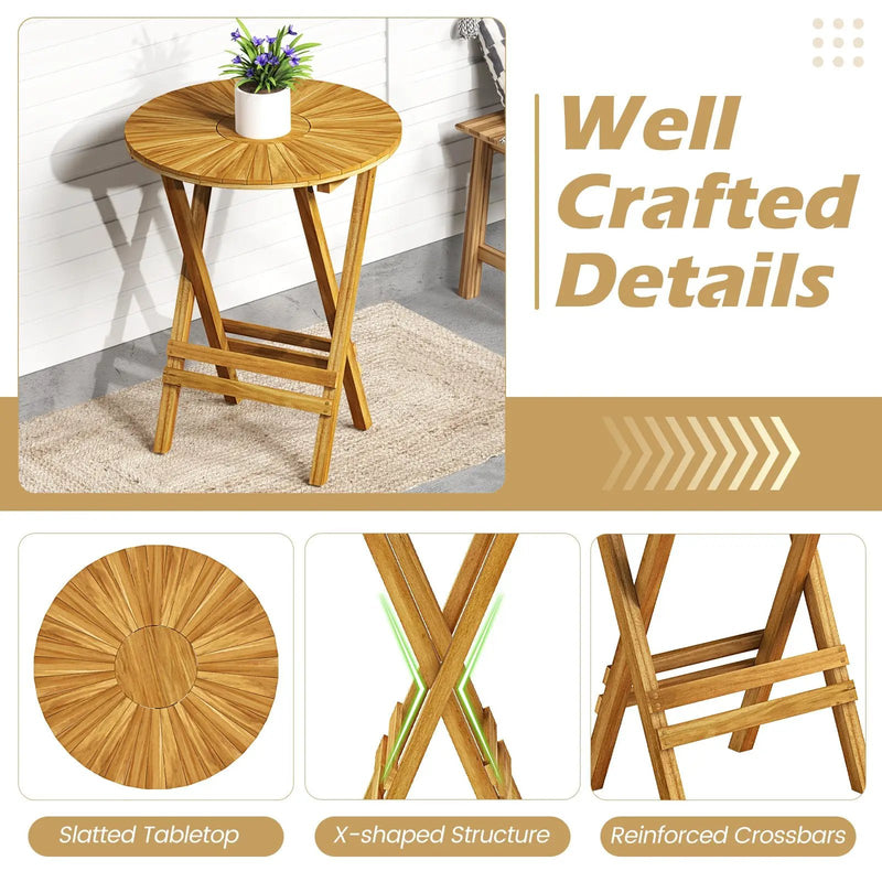 Patio Folding Side Table Teak Wood Round End Table with Slatted Tabletop and X-Shaped Frame by DirectDeals