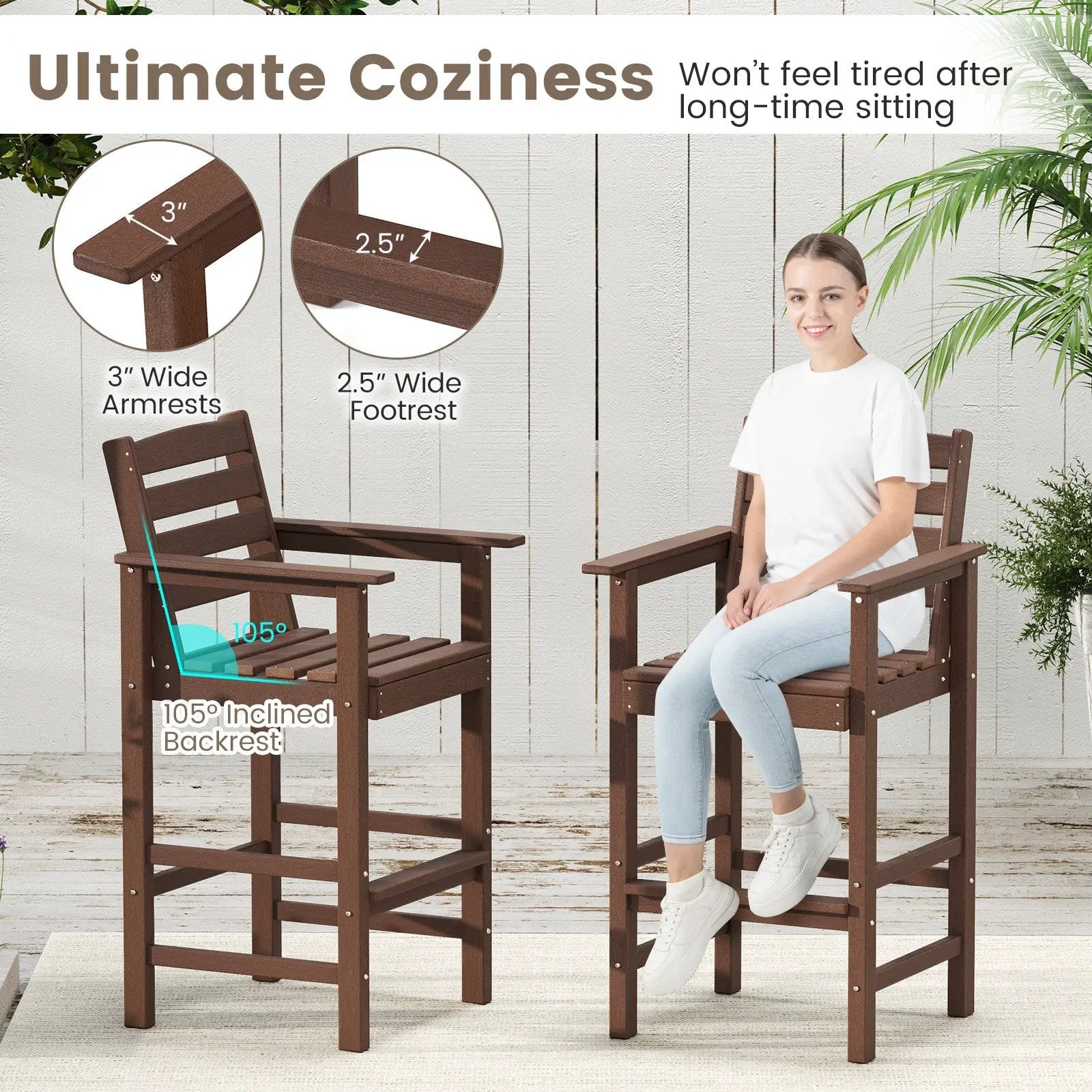 Patio HDPE Adirondack Bar Chairs Set of 2 with Wide Armrests by DirectDeals