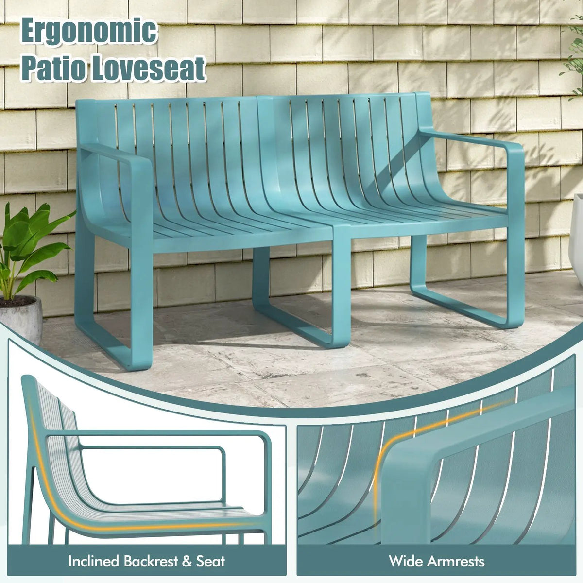 Weather-resistant Plastic 2-Person Bench with Curved Backrest by DirectDeals