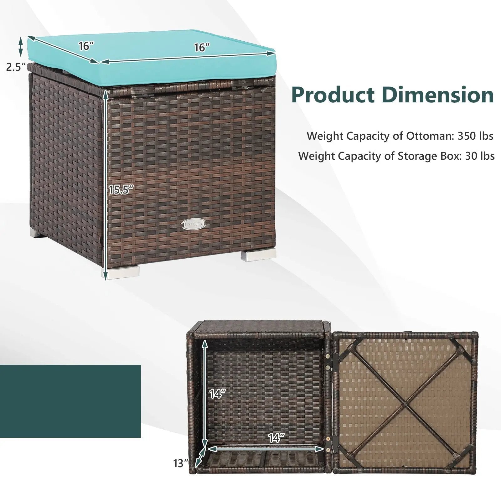 2 Pieces Patio Ottoman with Hidden Storage Space-Mix Grey by DirectDeals