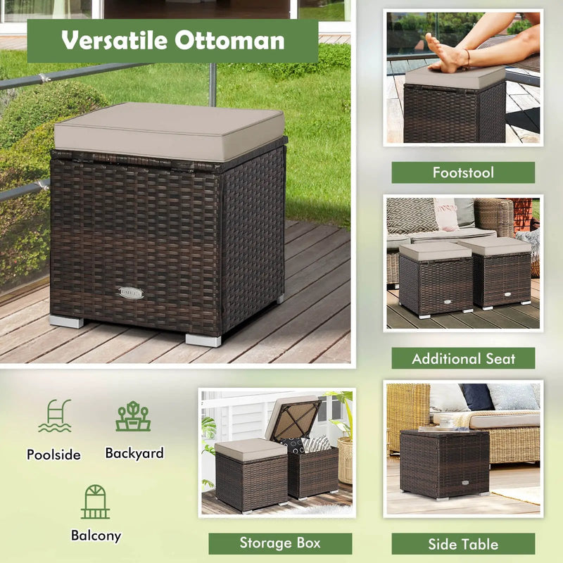 2 Pieces Patio Ottoman with Removable Cushions-Brown by DirectDeals