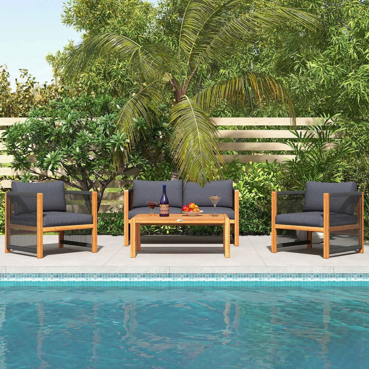 4 Pieces Acacia Wood Outdoor Patio Furniture Set with Cushions by DirectDeals