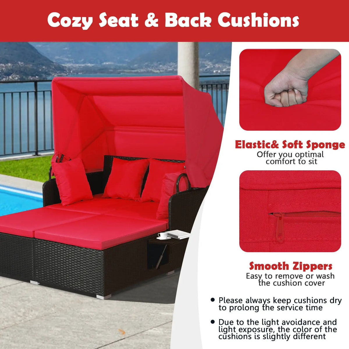 Patio Rattan Daybed with Retractable Canopy and Side Tables by DirectDeals