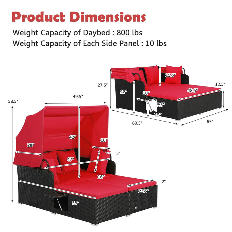 Patio Rattan Daybed with Retractable Canopy and Side Tables by DirectDeals